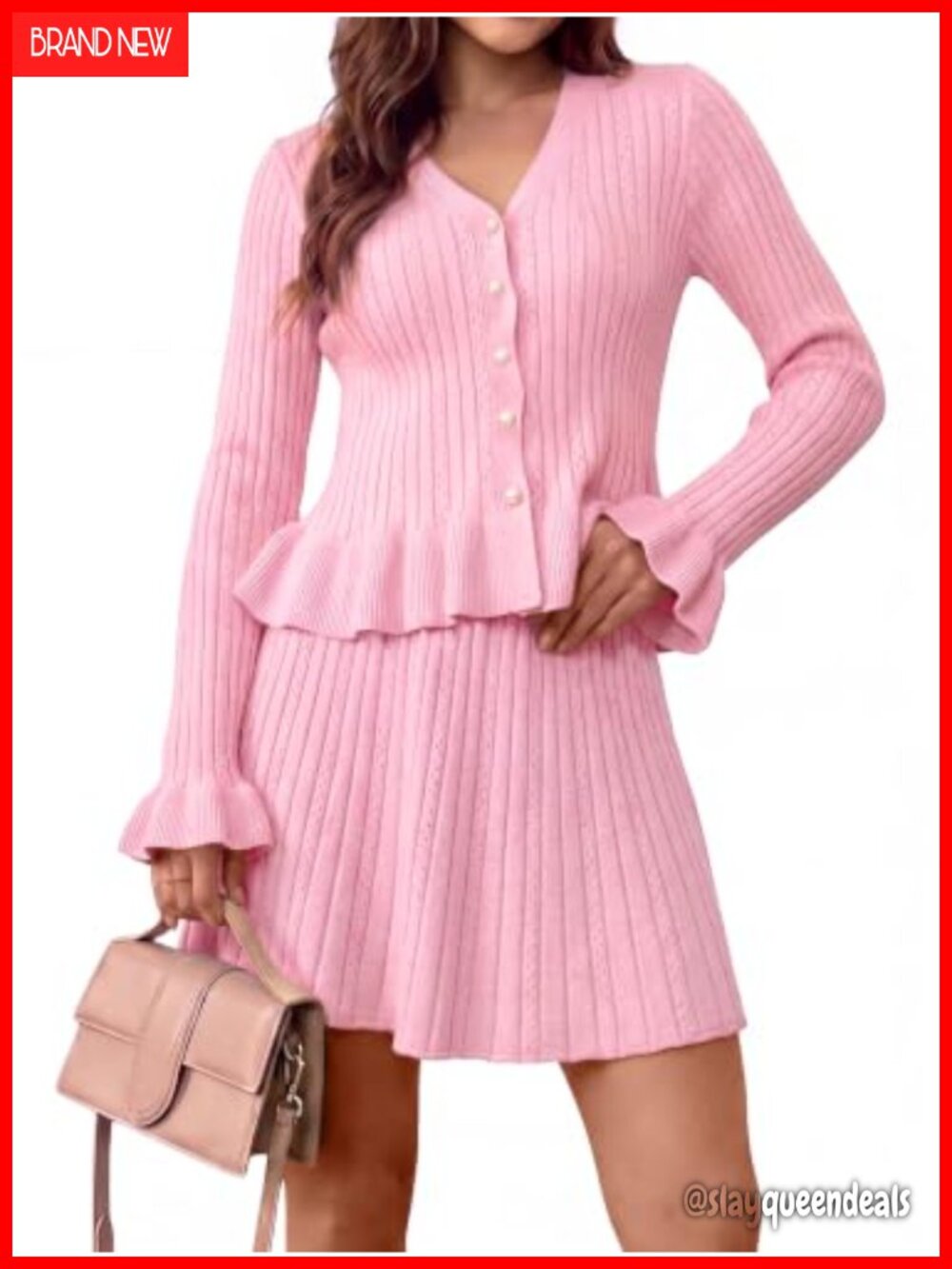 Wenrine Women's 2 Piece Knit Cardigan Mini Skirt Set Ruffle V Neck